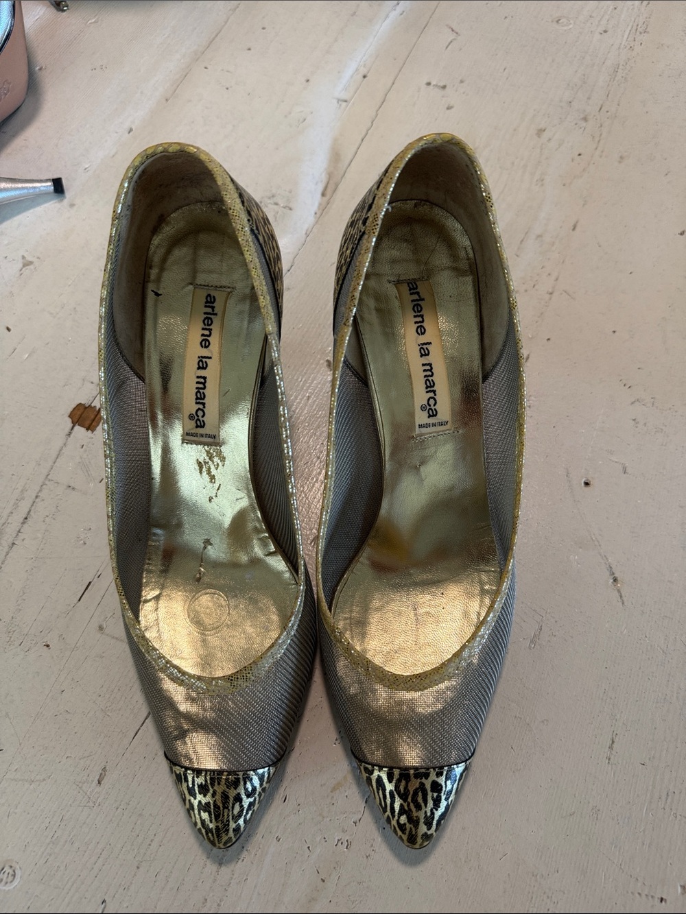 Vintage Gold Pointed Toe Pumps with Leopard Accent